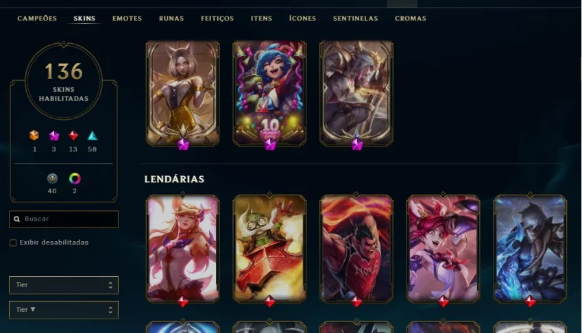 Conta Lol Platina 3 + Tft, 136 skins
