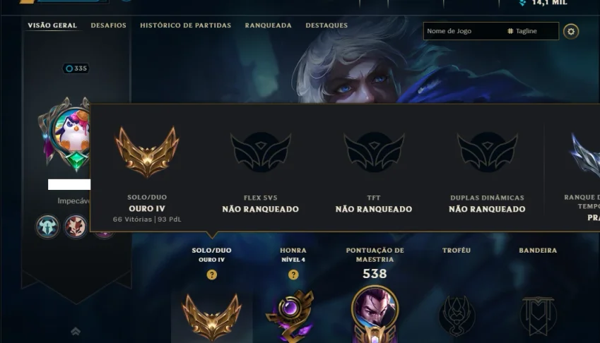 Ouro 4 com TODOS os Champs e 94 Skins ( MID / JG / TOP )