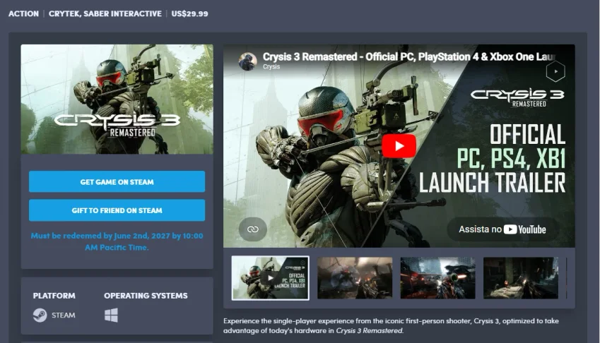 Vendo Key Steam Crysis 3 Remastered