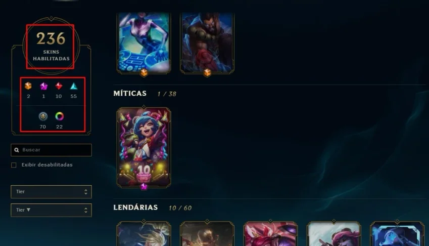 CONTA LOL 236 SKINS+ 226 ICONES