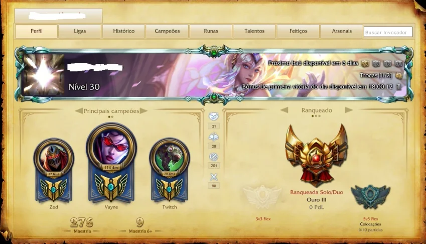 Conta League of Legends - Ouro III (Borda Platina)