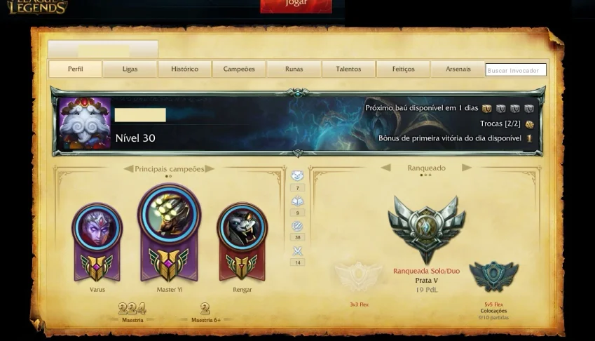CONTA DE LOL PRATA V+44 CAMPEÕES+7 SKINS+17 k de IP