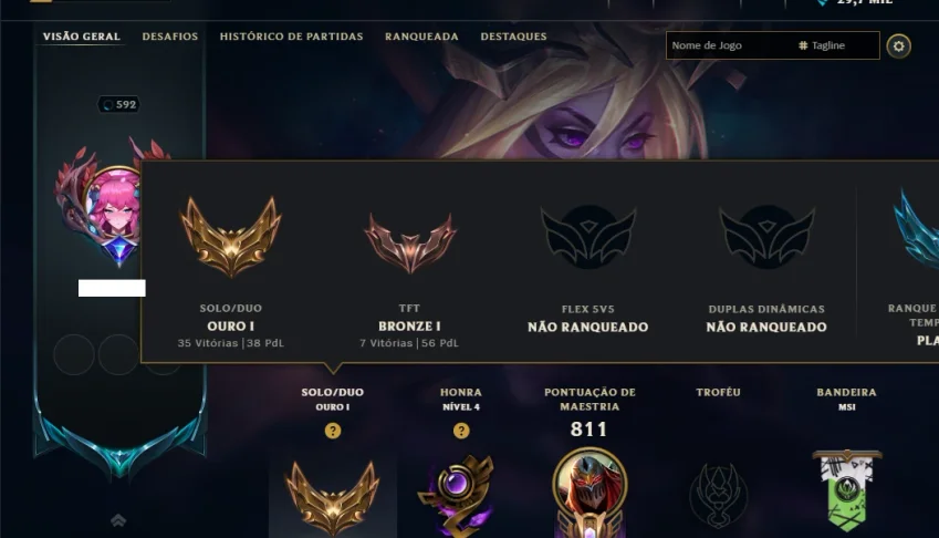 Ouro 1 com TODOS os Champs e 162 Skins ( Nivel 592 )