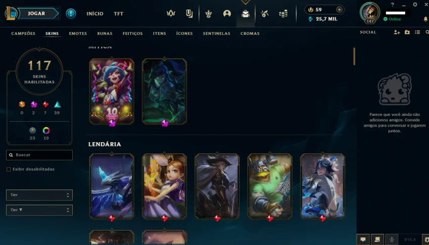 Vendo conta do lol lvl 147 com 117 skins platina IV allchamp