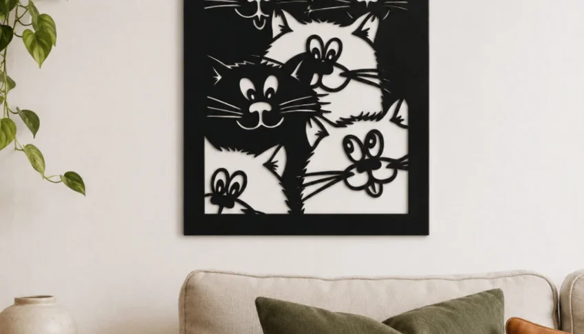 Quadro Vazado de Gatos em MDF Preto 35 x 25 cm
