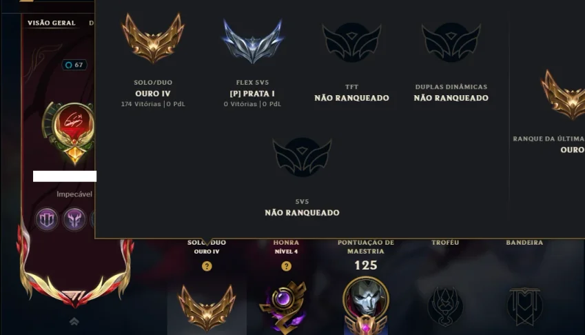 Ouro 4 com 75 Champs e 71 Skins ( MONO ADC ) +4 Prestigios