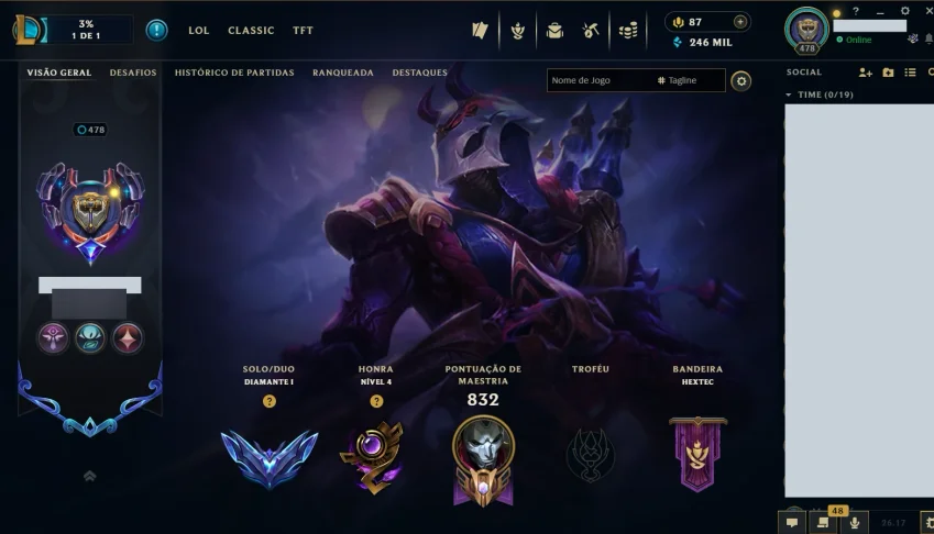 Conta LoL Diamante 1 | 314 Skins | 246k EA | Nível 478 |