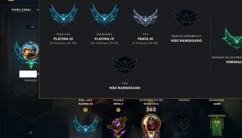 Platina 4 com 125 Champs e 79 Skins +3 Vitoriosas