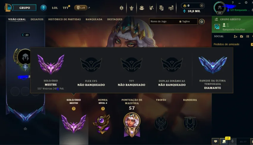 Conta LoL Mestre 522PDL WR quase GM |139wins|96loses|59%WR