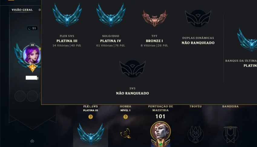Platina 4 com 85 Champs e 8 Skins