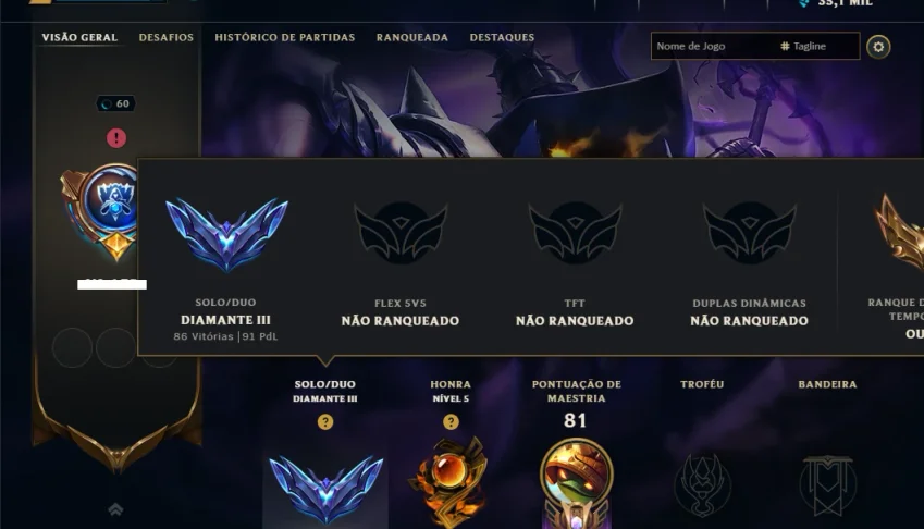 Diamante 3 com 40 Champs e 12 Skins