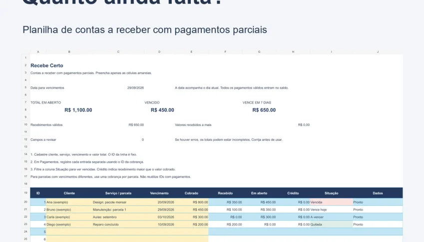 Planilha Contas a Receber com Pagamentos Parciais