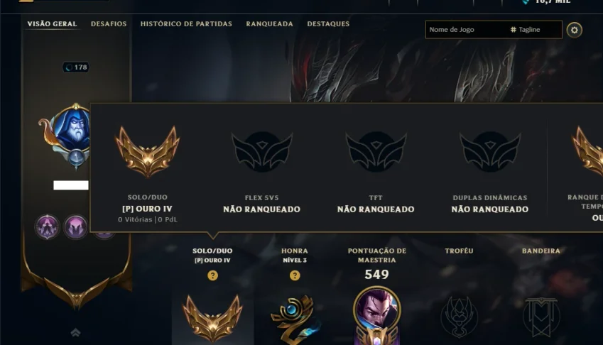 Ouro 4 com TODOS os Champs e 113 Skins ( MID / JG / TOP )
