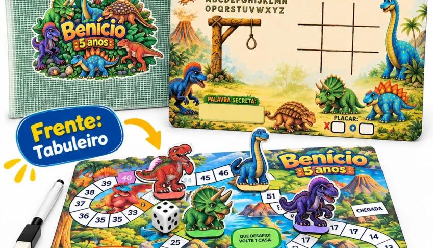Tabuleiro e lousa Dinossauros com bolsinha e jogos