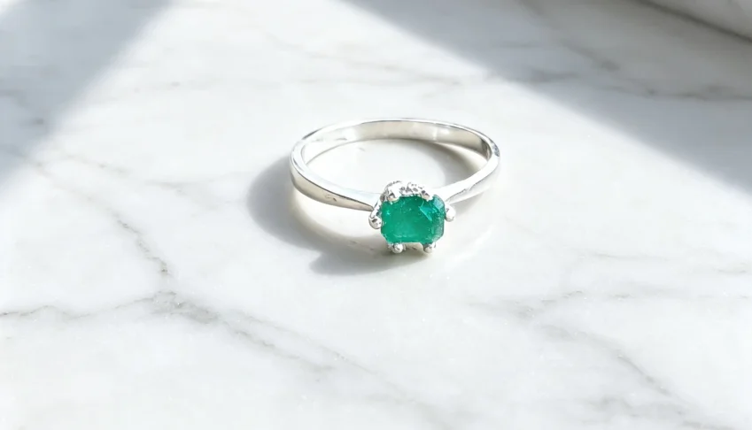 Anel feminino com esmeralda natural.
