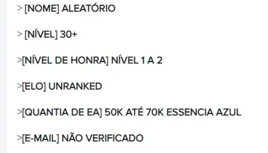 CONTA SMURF UNRANKED 50.000 - 70.000 DE ESSÊNCIA AZUL