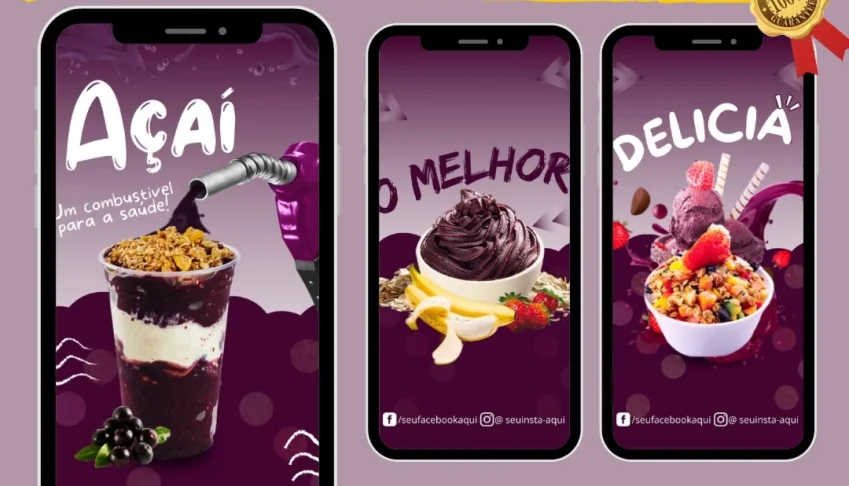 Pack Canva para Stories de Açaí: 10 Artes Editáveis