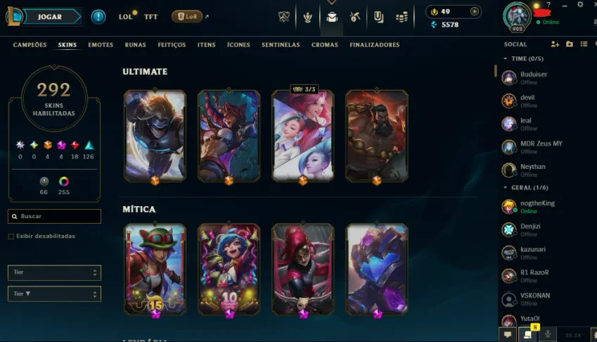 Conta de League Of Legends level 902, 292 skins habilitadas