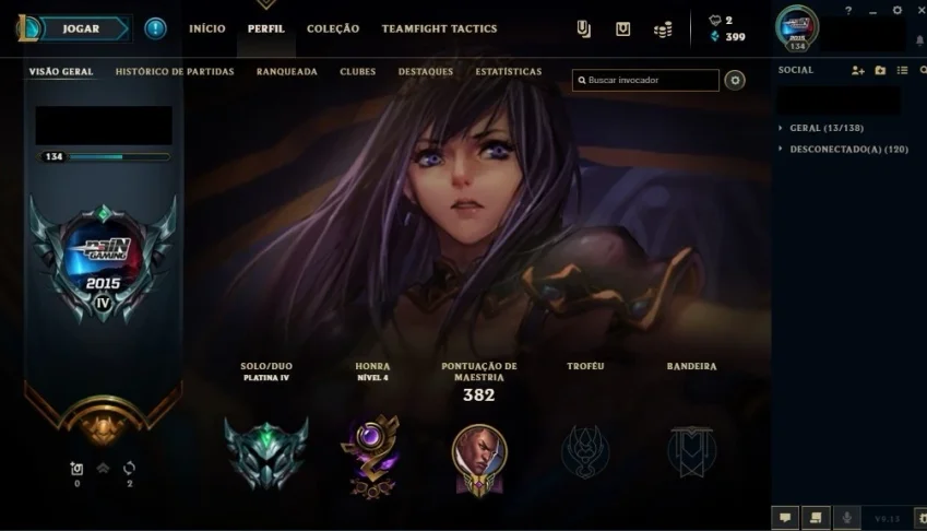 Conta lvl 134, Plat IV 136 campeões, 61 skins