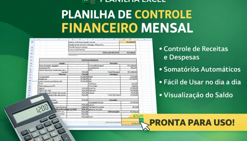 Planilha de Controle Financeiro Mensal em Excel – Simples