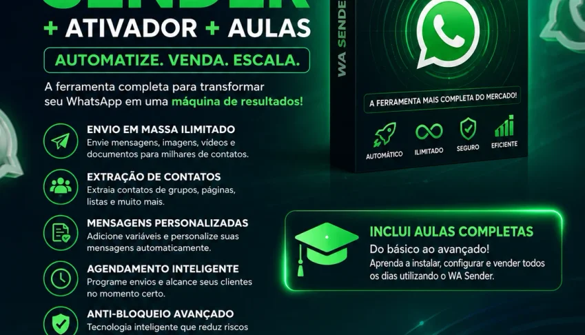WA Sender 3.7 + Ativador + Aulas — Automatize seu WhatsApp