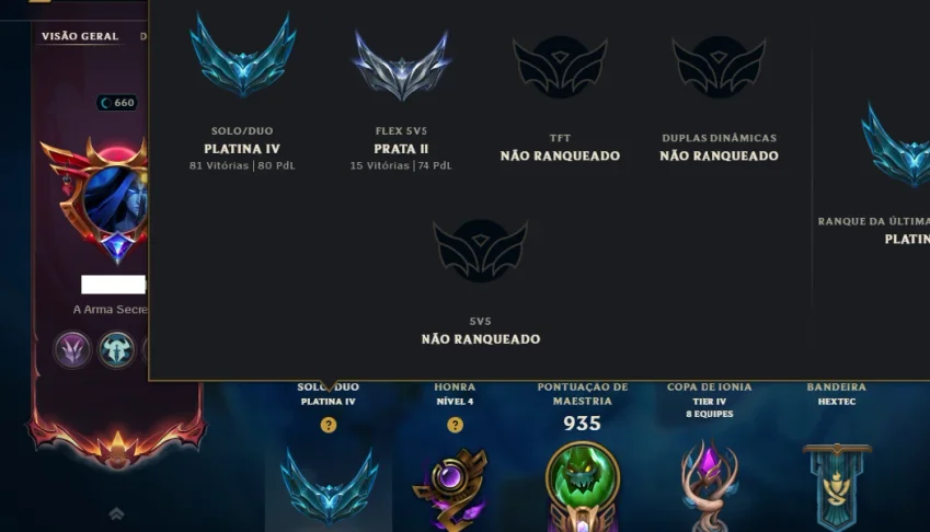 Platina 4 com TODOS os Champs e 366 Skins ( Nivel 660 )