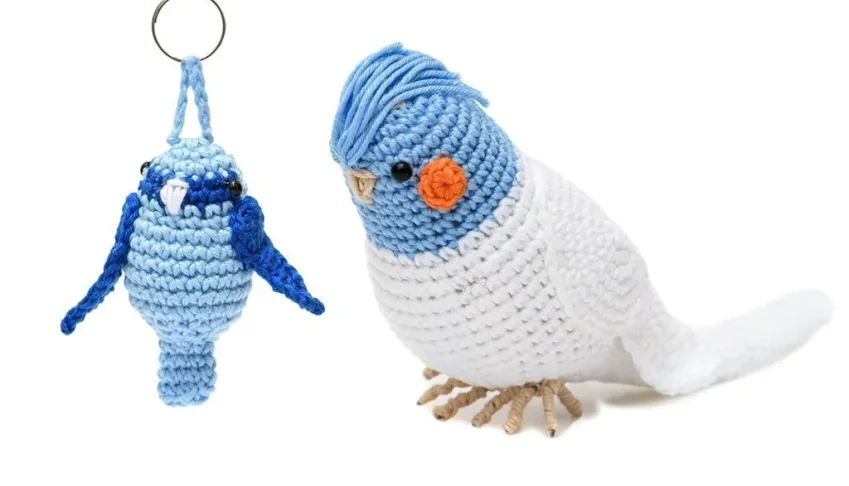 Duo Calopsita e chaveiro passarinho em amigurumi