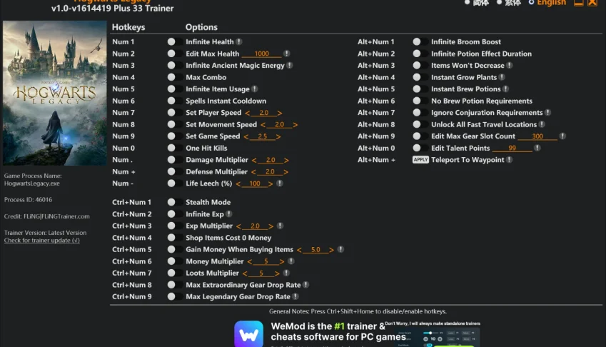 Mod Menu (Trainer menu) para HOGWARTS LEGACY