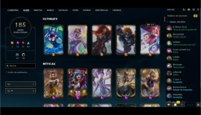 Conta lvl 526, ouro 2 145 campeões 185 skin