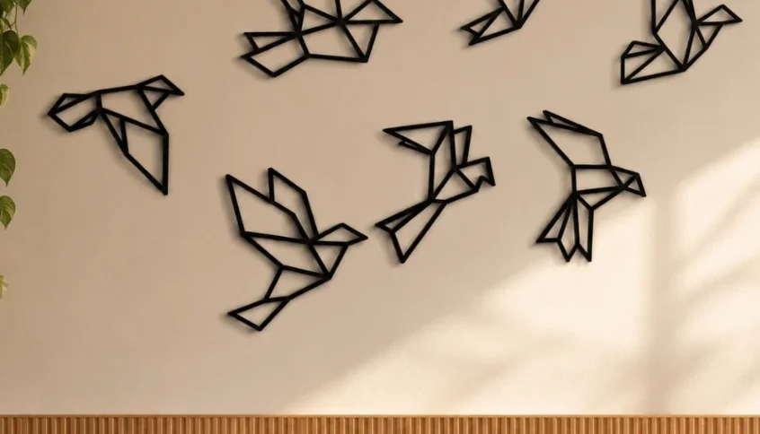 Kit 7 Pássaros Geométricos em MDF Preto