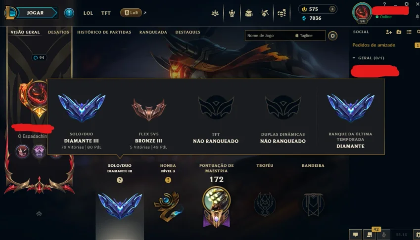 Vendo conta de LOL - atualmente diamante 3 / ex grão mestre