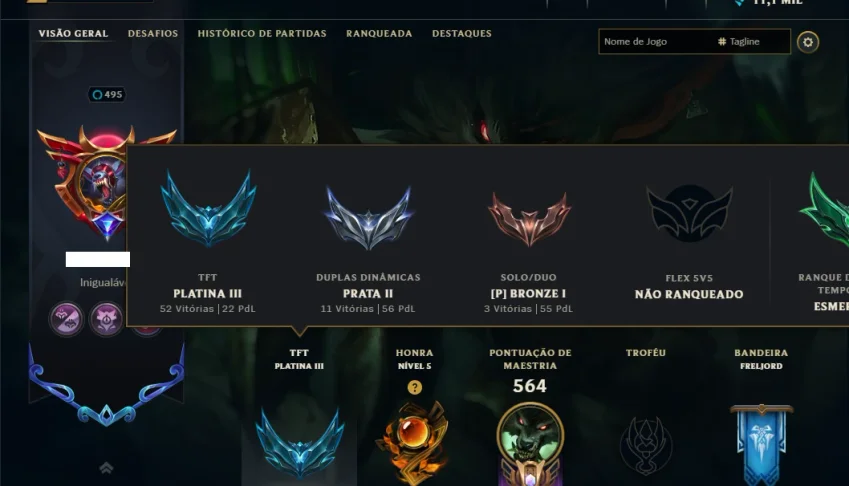Bronze 1 com TODOS os Champs e 126 Skins ( ADC / JG / SUP )