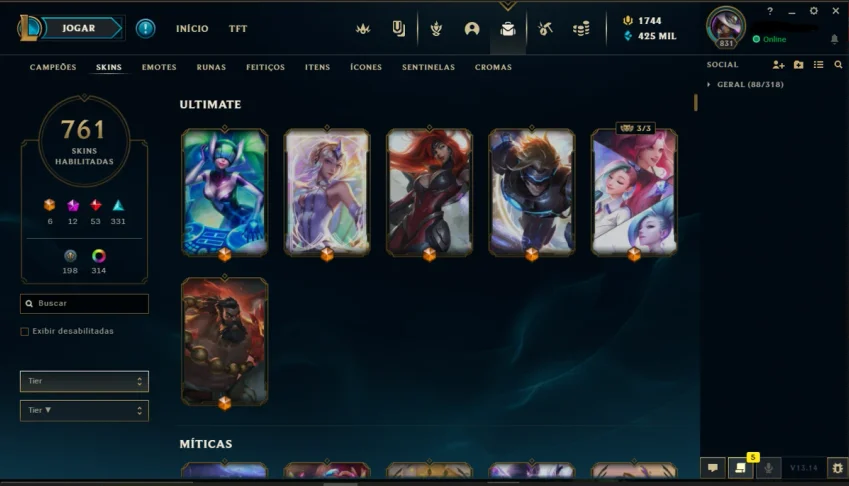 Conta de 2016 -  761 Skins - Platina 1