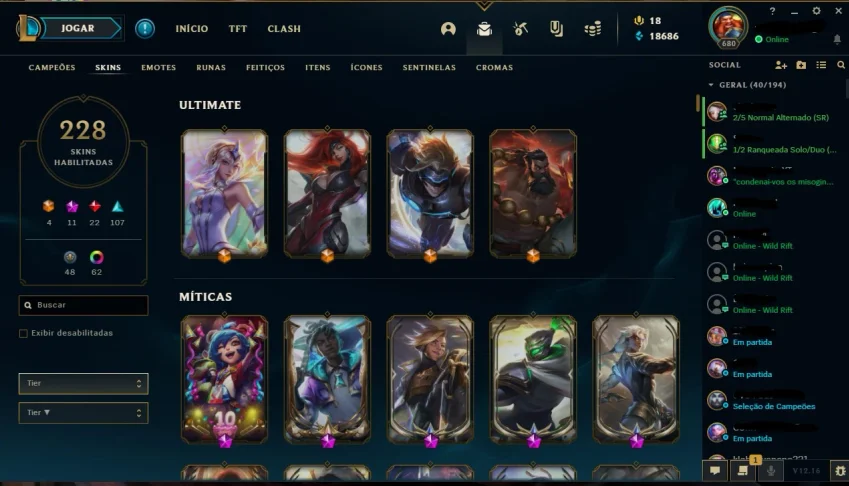 League of Legends - Conta LOL todos CHAMPS + 228 skins RARAS