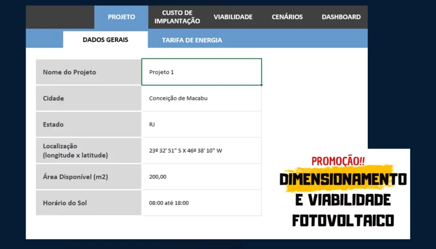 Planilha de Dimensionamento e Viabilidade Fotovoltaica
