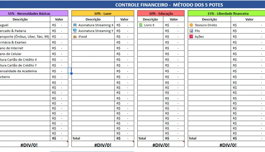 Planilha Financeira - Método dos Potes
