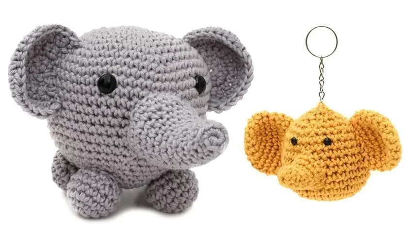 Duo elefante bola e chaveiro elefante em amigurumi