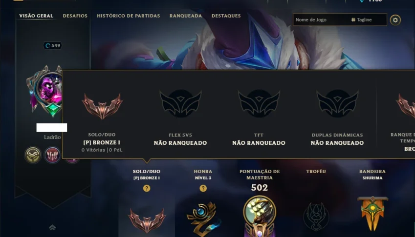 Bronze 1 com TODOS os Champs e 108 Skins ( JG / TOP / SUP )