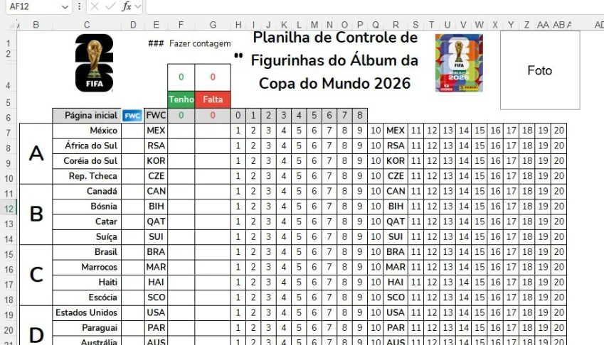 Planilha De Controle De Figurinhas Do Álbum Da Copa Do Mundo