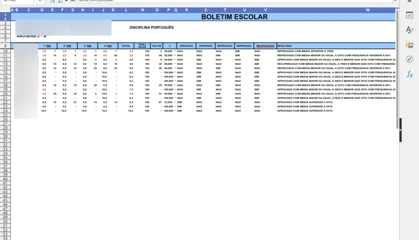 Planilha Excel para Boletim Escolar
