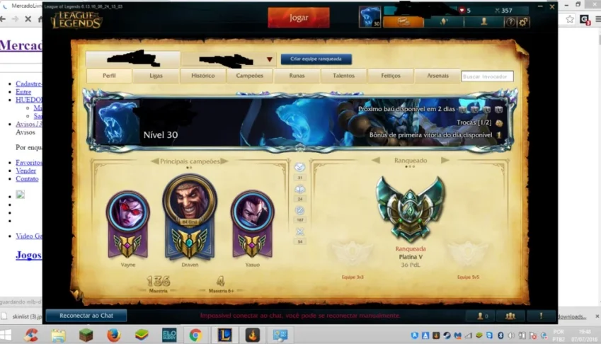Conta no LoL Platina V 36 pdl 22 skin (UdyrGuardião)61champs