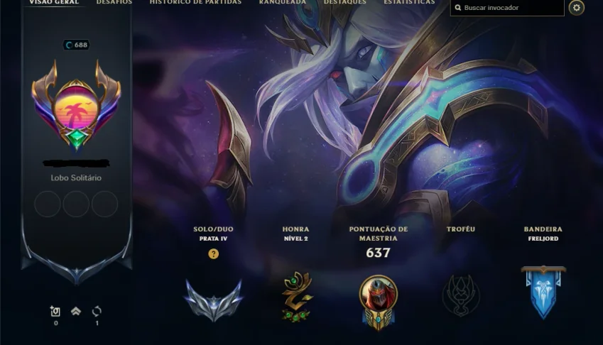 Conta Level 688, com 253 skins, todos os campeões e 25K EA