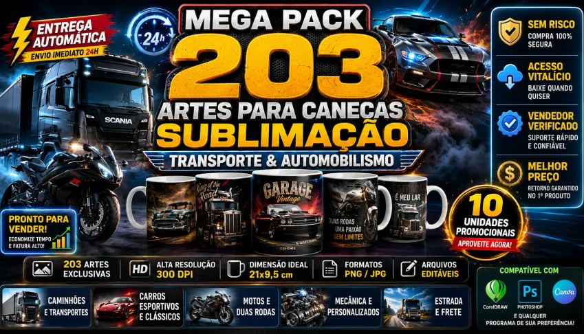 🚚 Mega Pack 203 Artes Canecas Sublimação Transporte & Autom