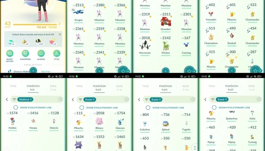 Nível 43 com 15 Mewtwo, Groudon Shiny, 27 Eventos e C067