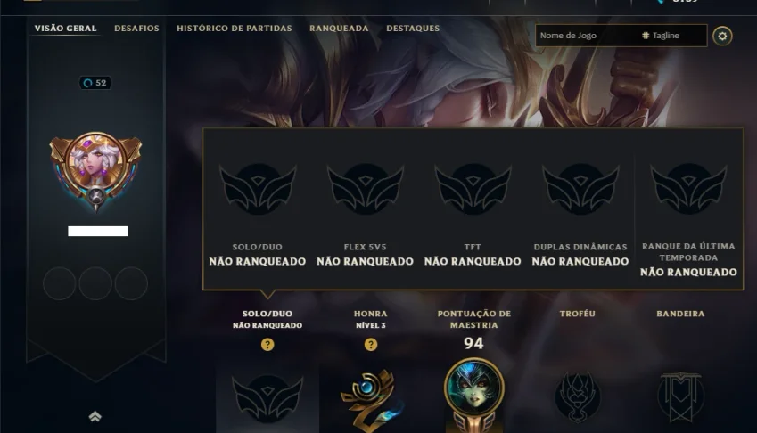 Unranked com 60 Champs e 45 Skins +3000 RP
