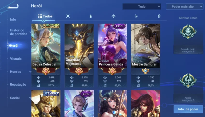 Conta Hok Veterana 🚀 109 Heróis + 87 Skins + 21 Milhões De