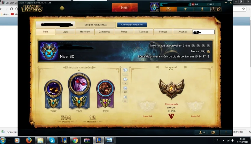 Conta Bronze 1 60 Skins Muitas Lendarias !