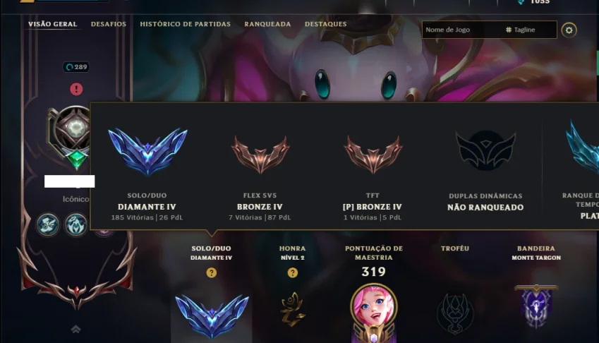 Diamante 4 com 140 Champs e 320 Skins ( ADC / SUP )