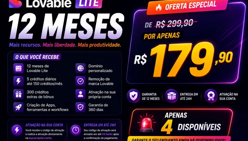 Lovable Lite + 300 Créditos - 12 Meses (Oficial)
