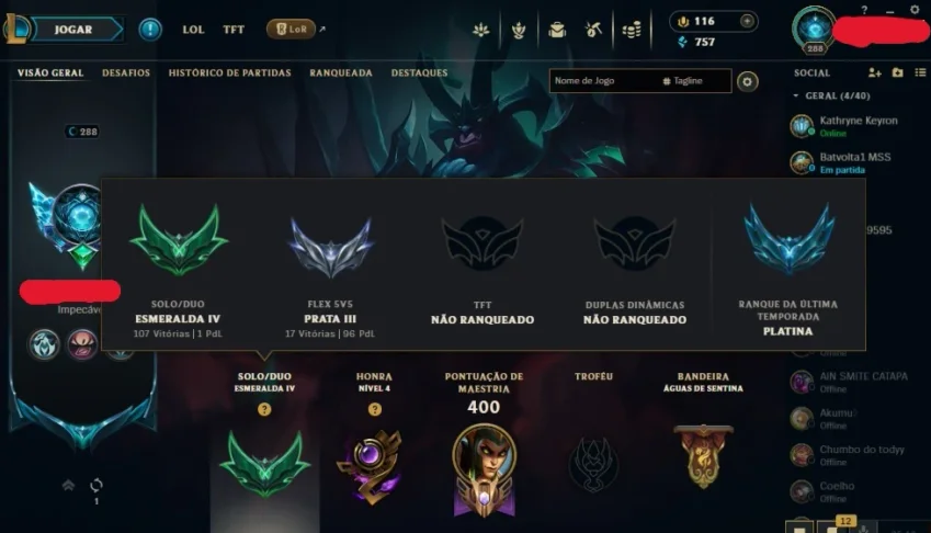 Conta Lol Esmeralda 4 - 134 Skins - lvl 288 + VAVA